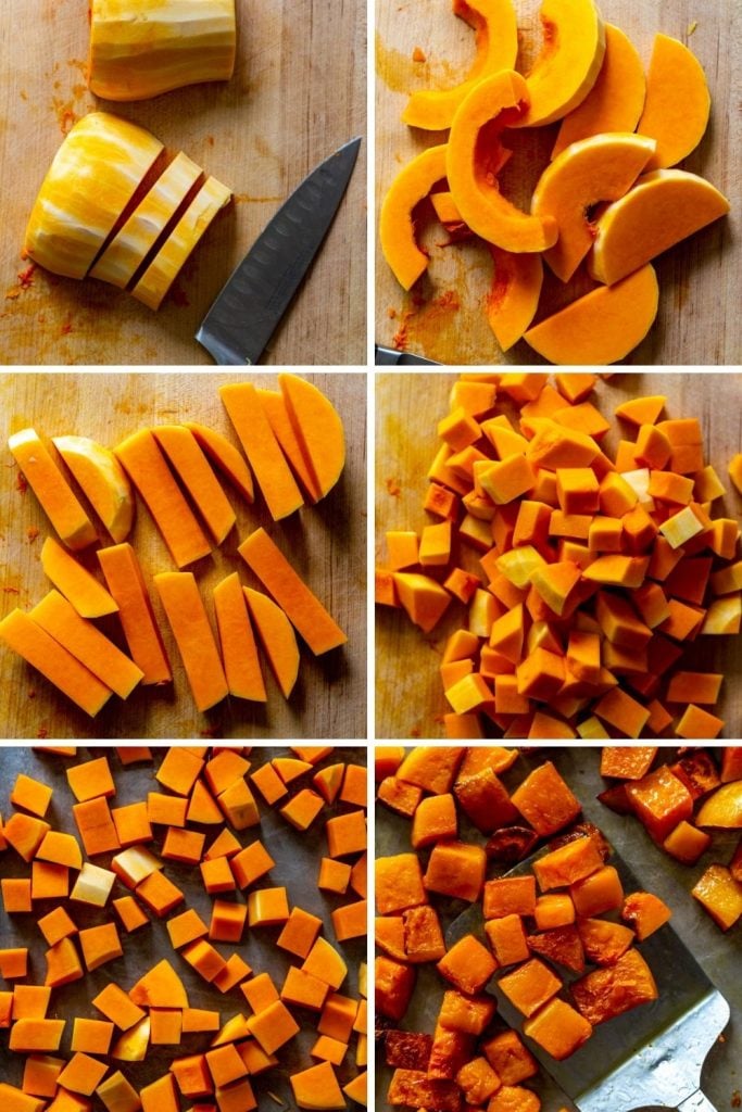 Step by step photos showing Butternut squash being cut into half moons, stick and then cubes.