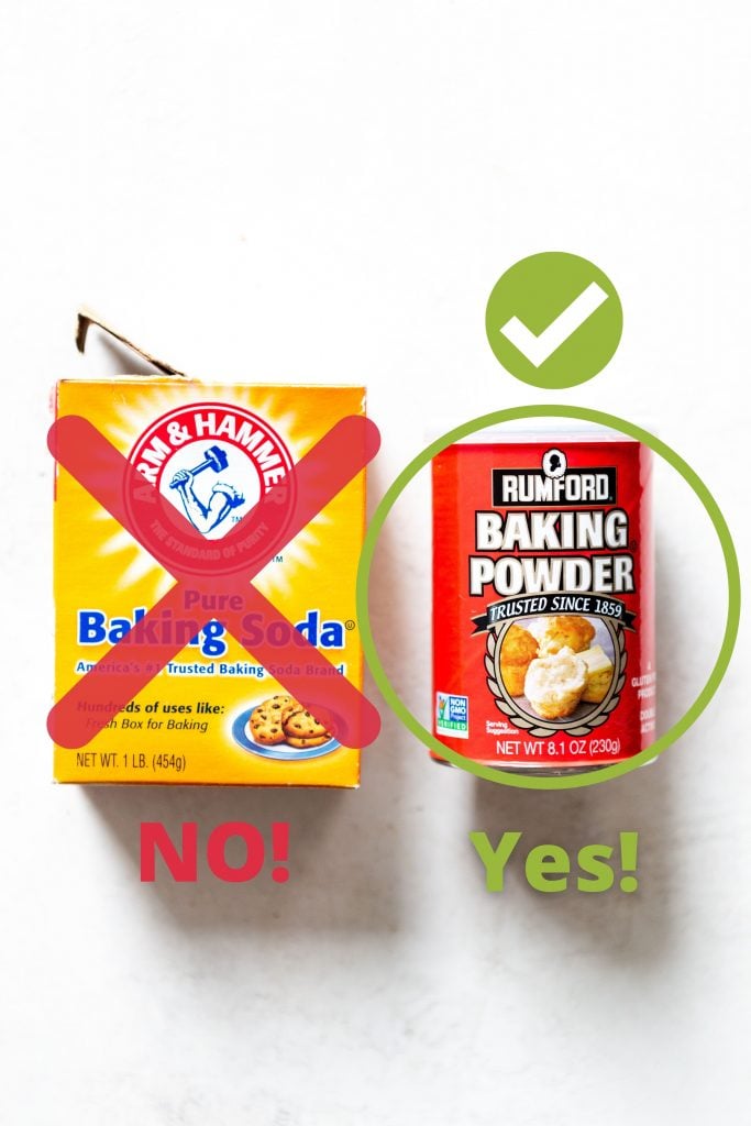 A photo of a box of baking soda with a red X printed on it, underneath are the words "NO!" in red.  Next to it, a container of baking soda, circled in green.  Underneath are the words "yes!" in green.