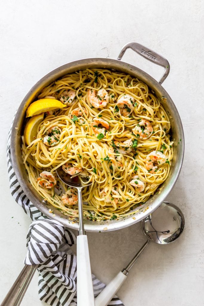 Shrimp Scampi Pasta in a stainless steel sauté pan. 