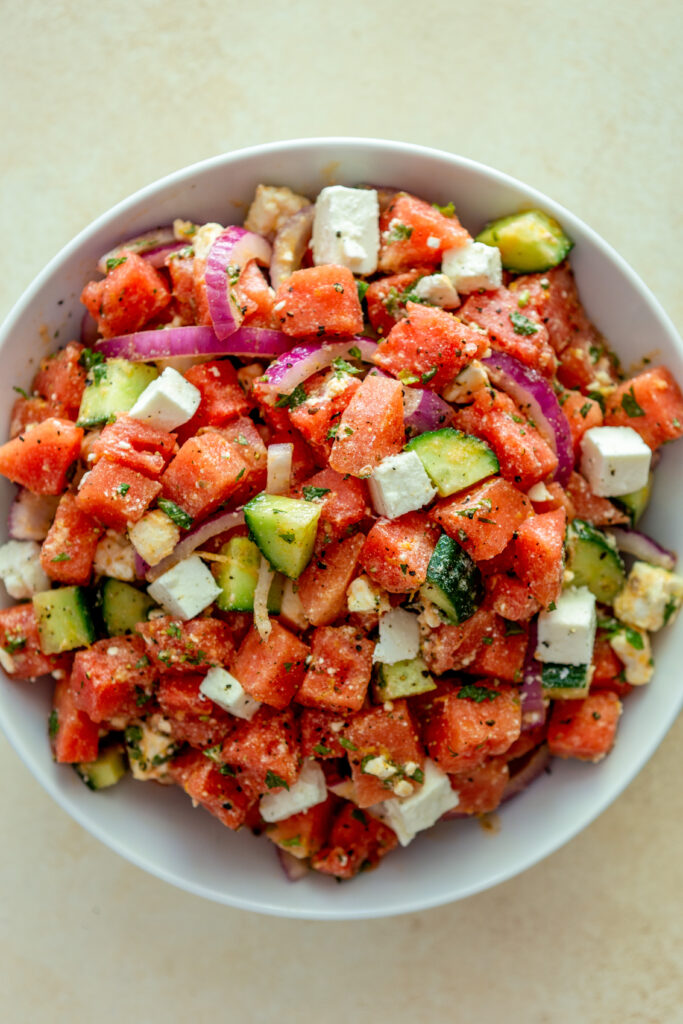 Finished watermelon Feta Salad in a white bowl