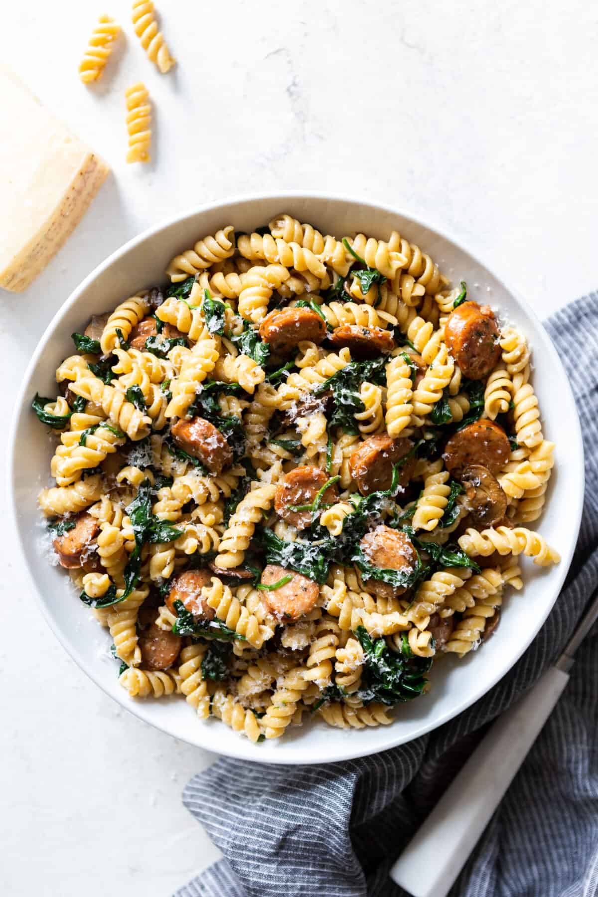Rotini Pasta with sausage, mushrooms and spinach