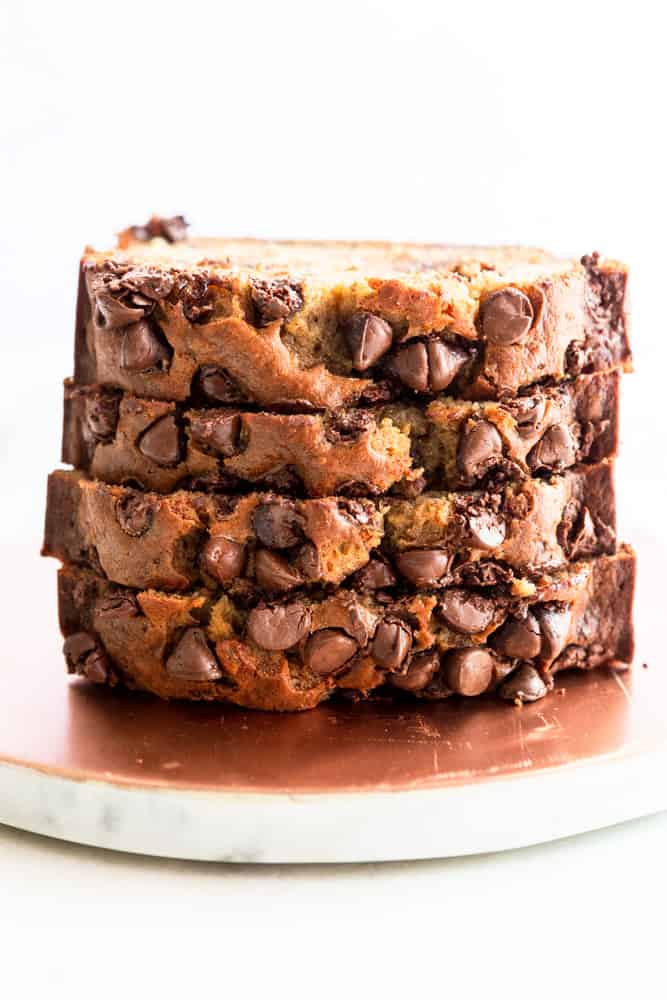 Stack of chocolate chip banana bread