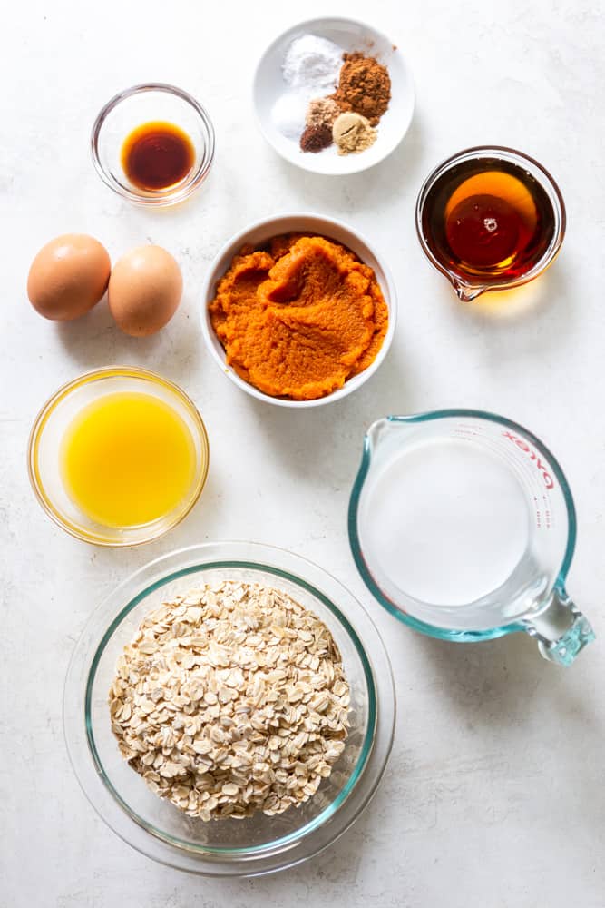 oats, eggs, milk, pumpkin, maple syrup, butter, vanilla, spices, salt and baking powder.