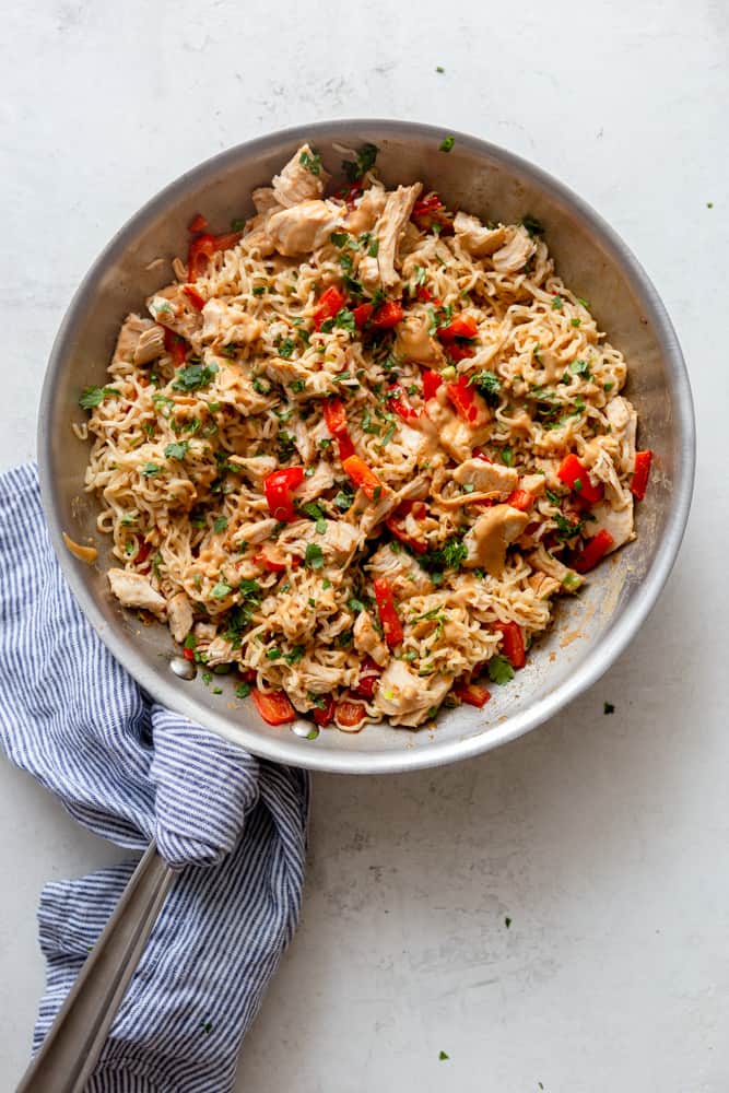 Peanut Turkey Ramen Noodles in a skillet