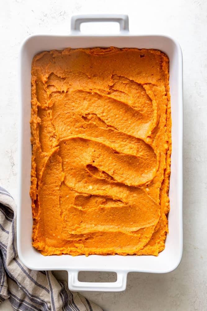 Sweet potato filling in a while casserole dish