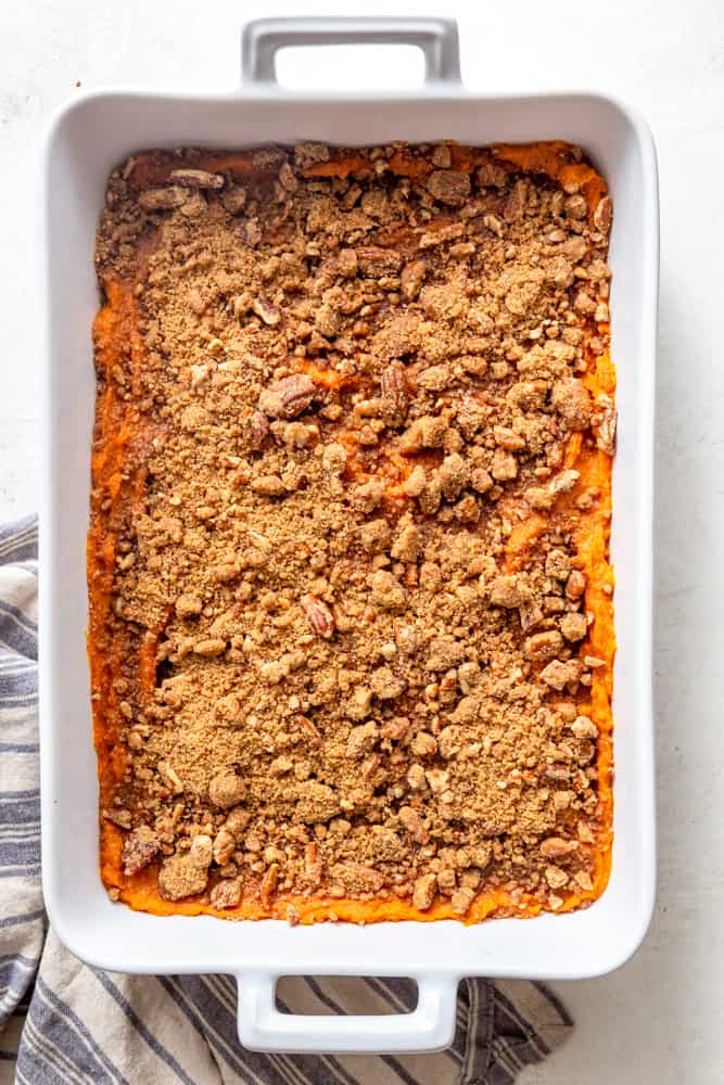 Baked Sweet potato Casserole with pecan streusel topping.