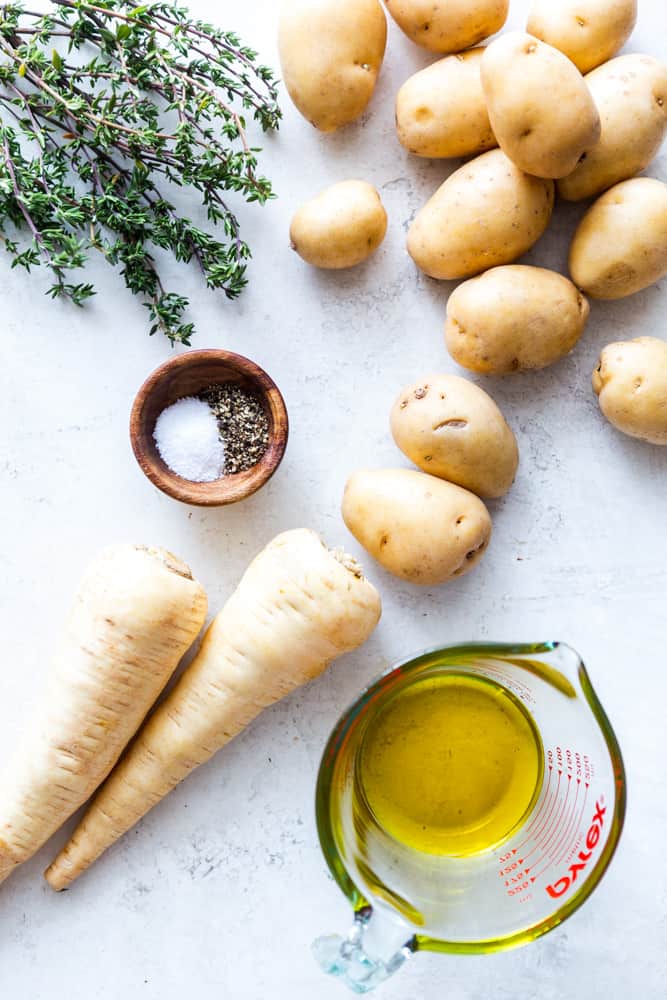 Ingredients for parsnip mashed potatoes - Fresh Thyme, baby gold potatoes, parsnips, olive oil, salt and pepper,
