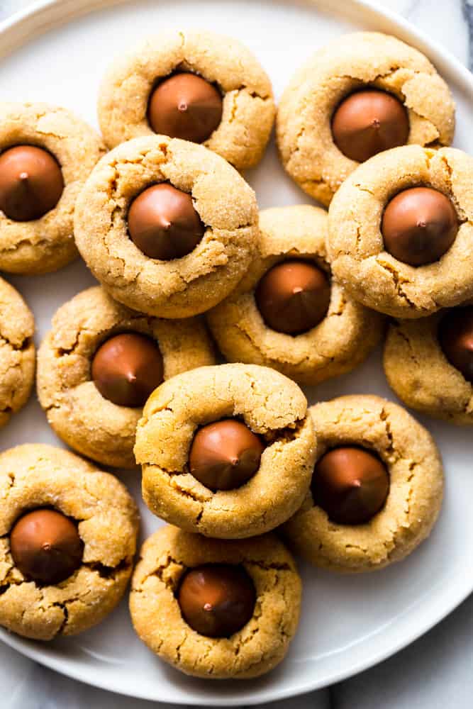 Peanut Butter Blossom Cookies on a white plate