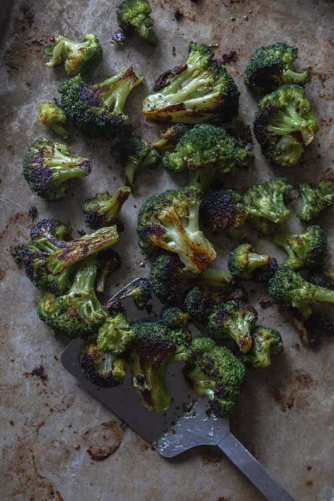 Roasted broccoli on a sheet pan