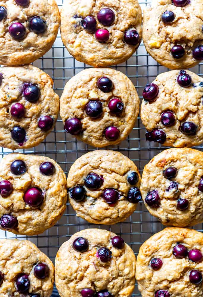 Tops of healthy banana blueberry muffins 