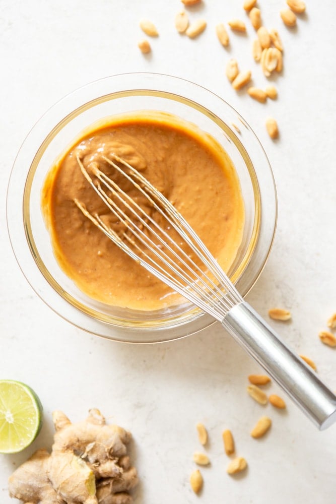 Peanut Sauce for cold noodle salad in a glass bowl.