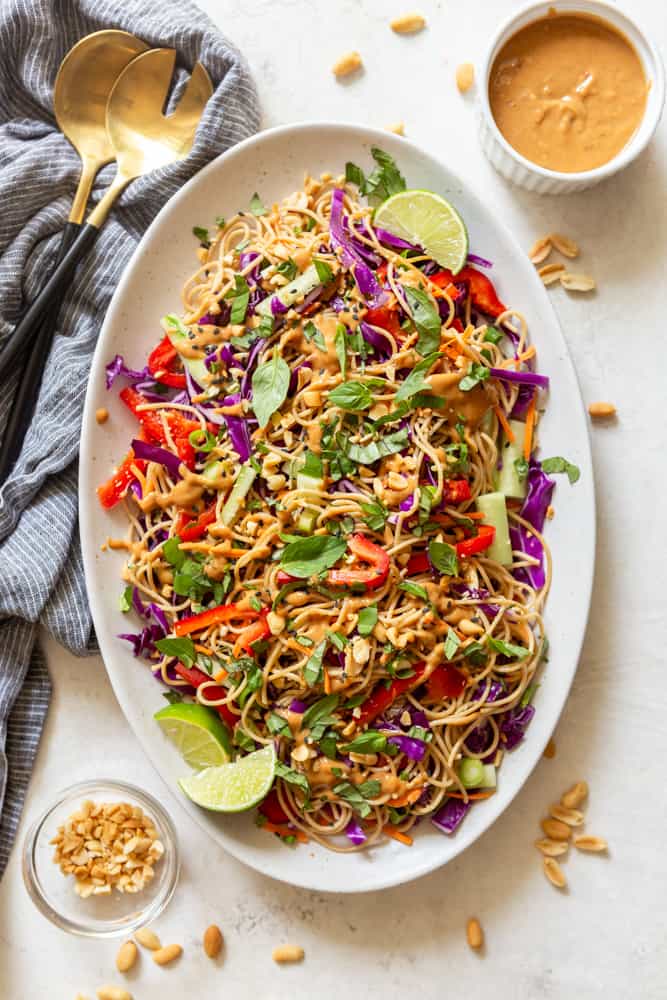 Cold Peanut Noodle Salad on a white platter