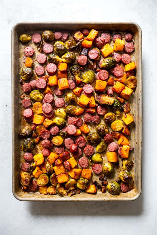 Sausage, butternut squash and brussels sprouts sheet pan dinner