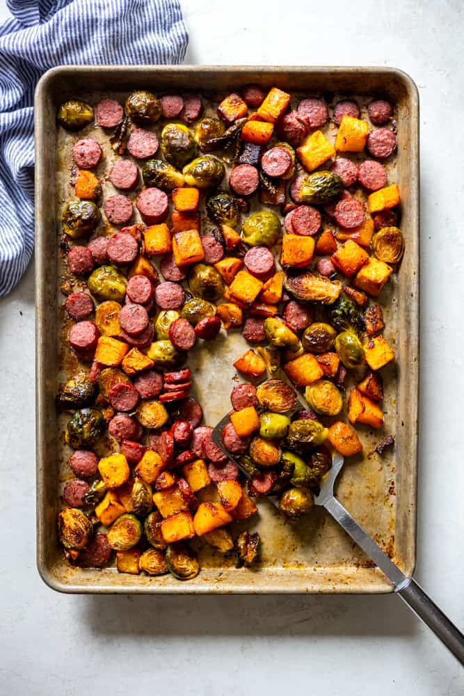 Sheet Pan Dinner with Sausage, Butternut Squash, and Brussels Sprouts 