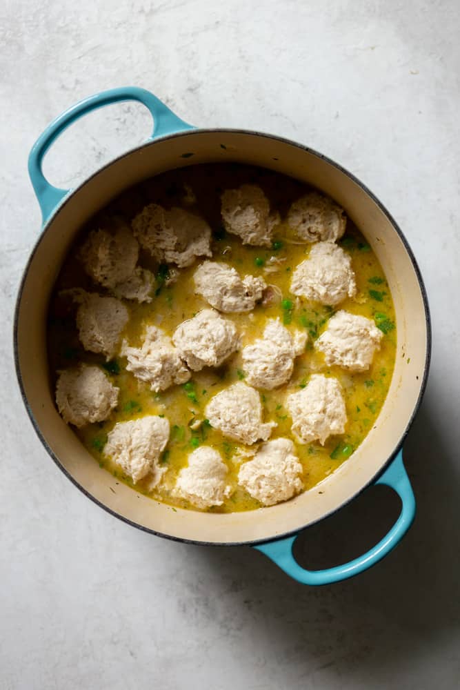 Chicken and dumplings in a blue dutch oven with dumpling dough before cooking