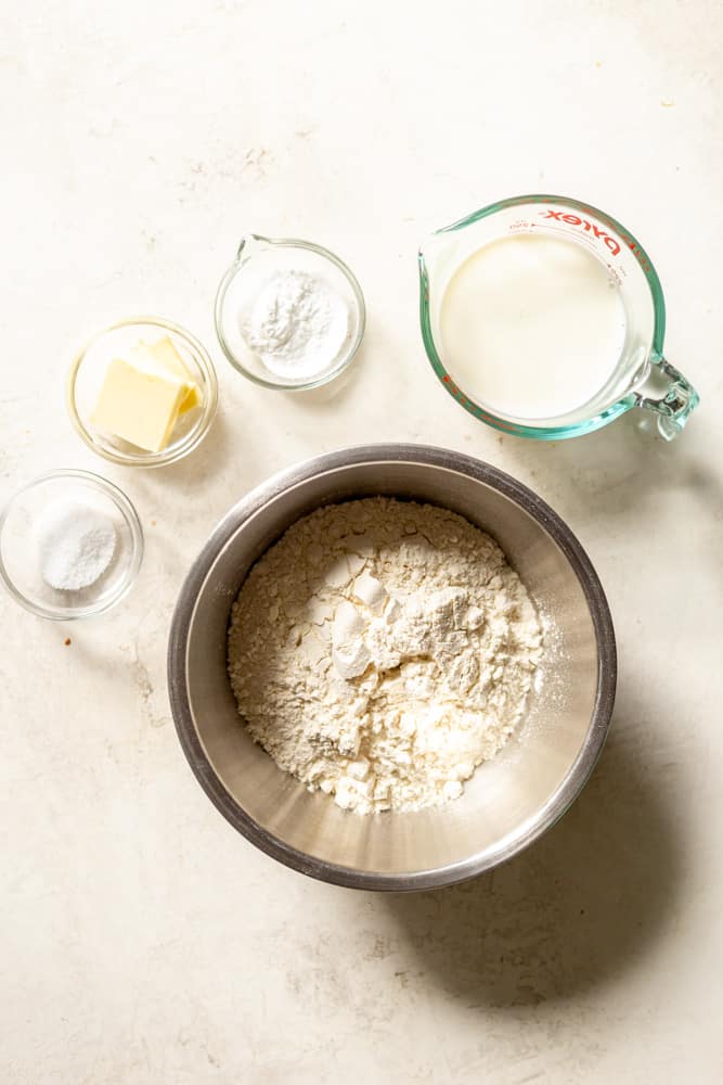 Ingredients for dumplings: Flour, salt, baking powder, butter, milk.