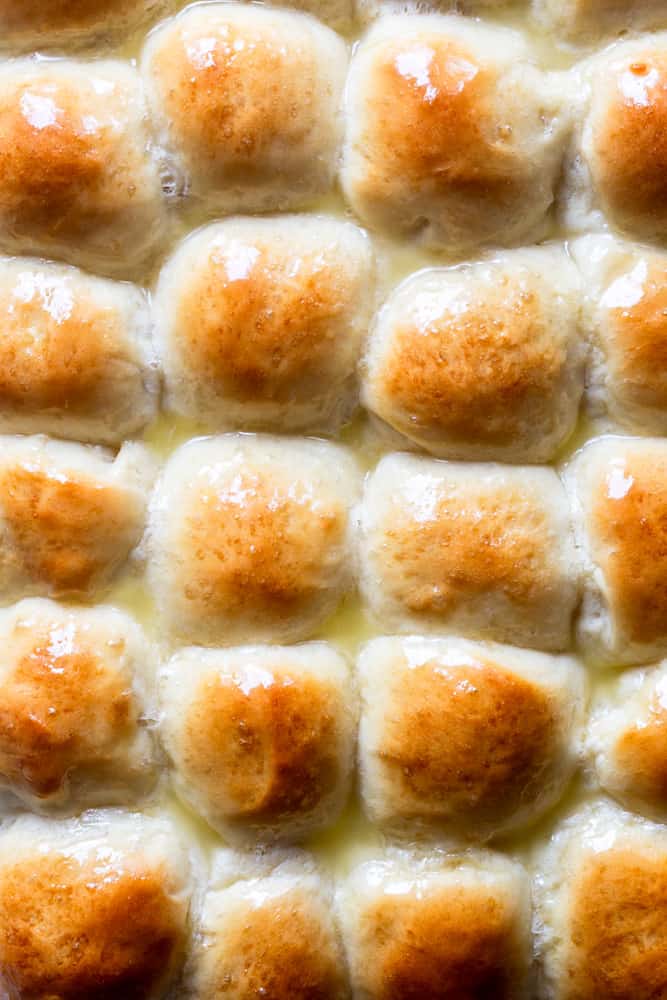 Close up of soft and fluffy dinner rolls after being baked and brushed with butter.