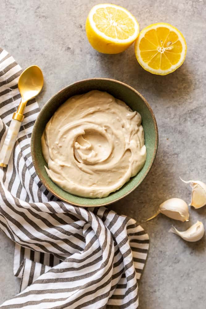 Creamy tahini sauce in a bowl.