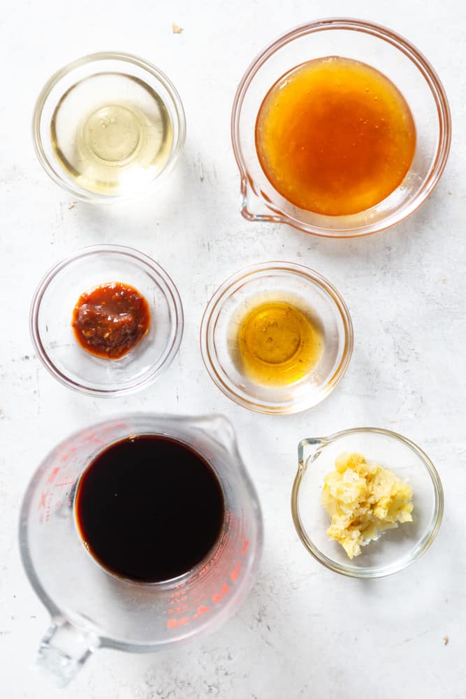 Ingredients for stir fry sauce: Honey, rice vinegar, toasted sesame oil, chili garlic sauce, grated ginger and garlic, low sodium soy sauce.