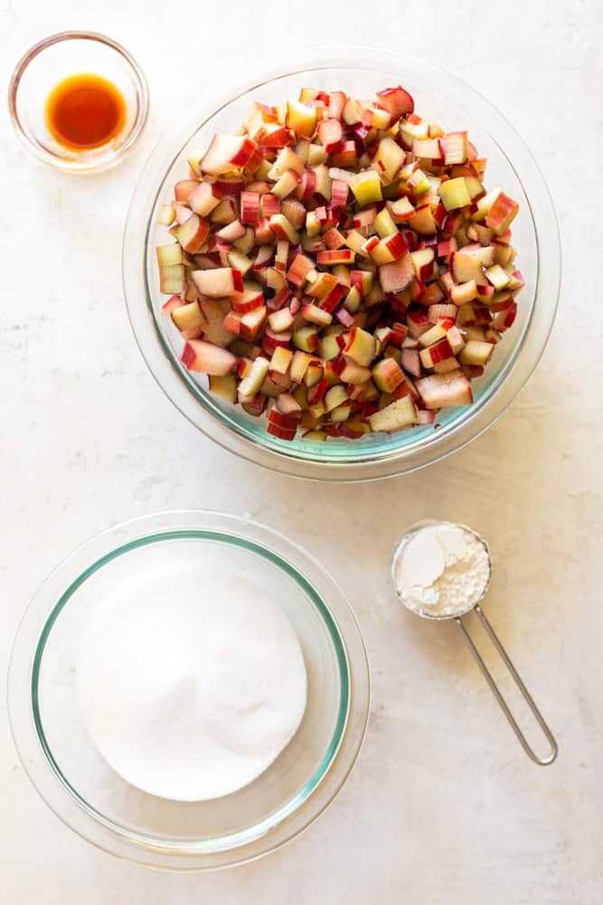 Chopped rhubarb granulated sugar, cornstarch and vanilla extract.