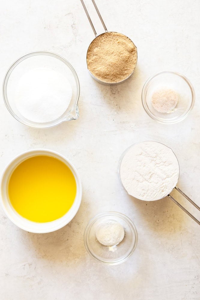 Melted butter, granulated sugar, brown sugar, salt, flour, baking powder - topping ingredients.