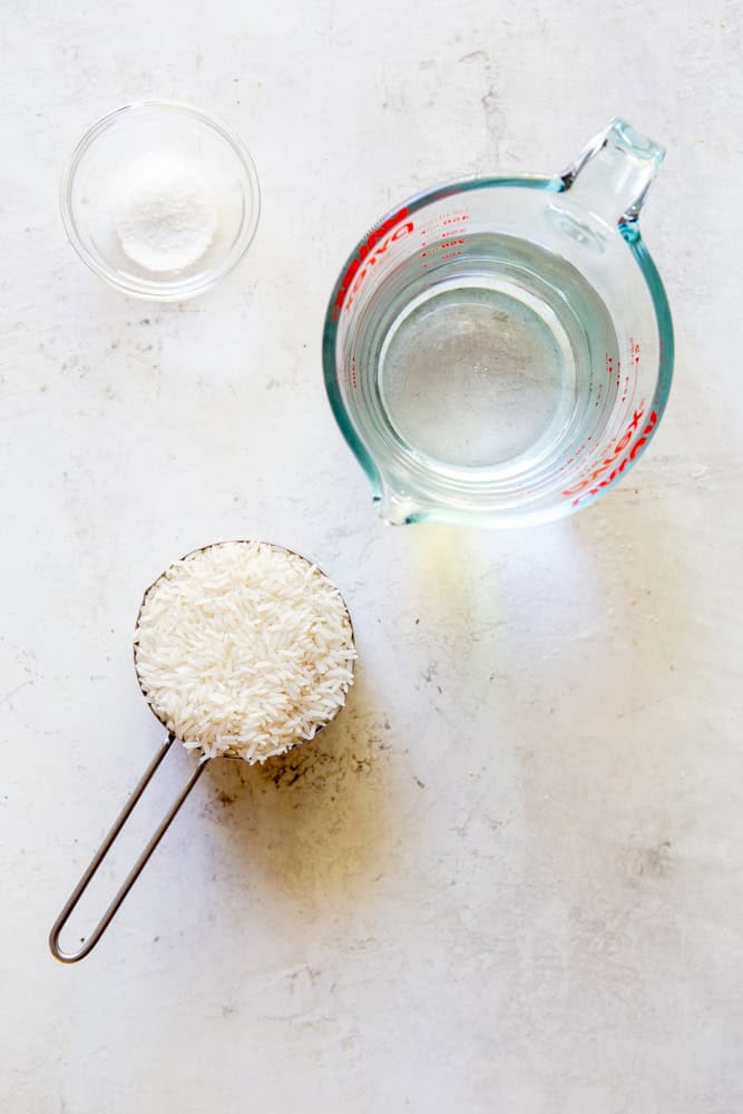 Ingredients for white rice - dry jasmine rice, water, kosher salt.