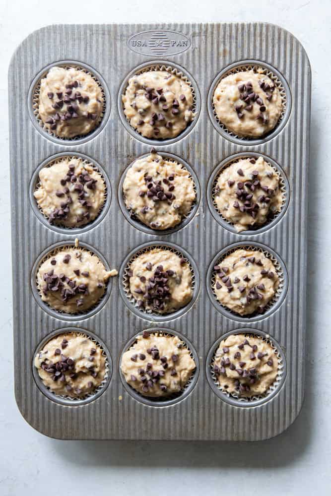 Sourdough banana muffins in a tin before baking