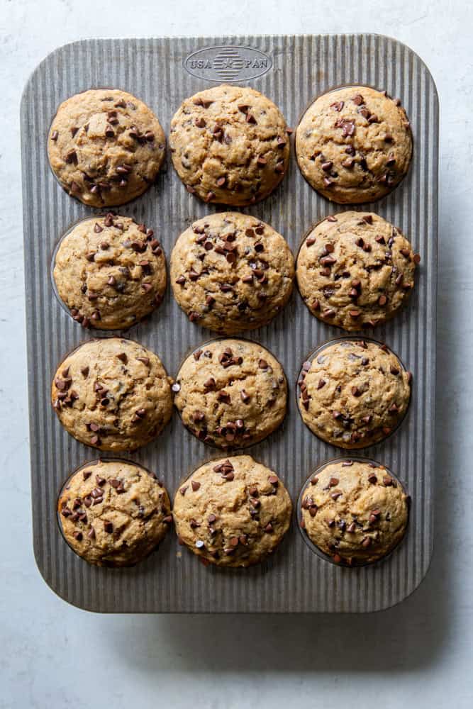 Sourdough banana muffins in a tin after baking