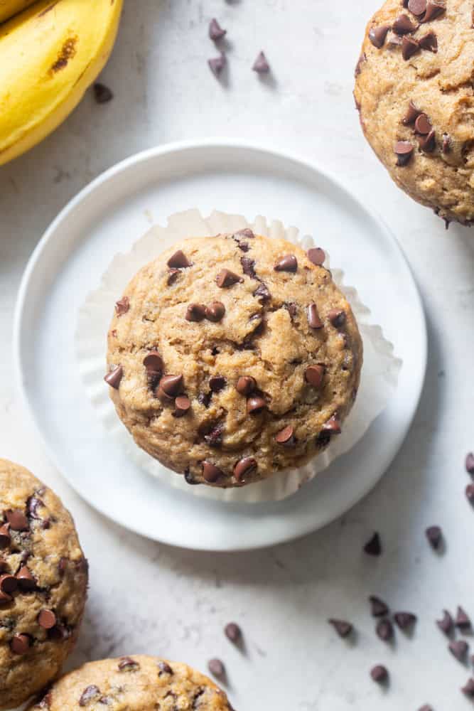 Chocolate chip banana sourdough muffin on a white plate