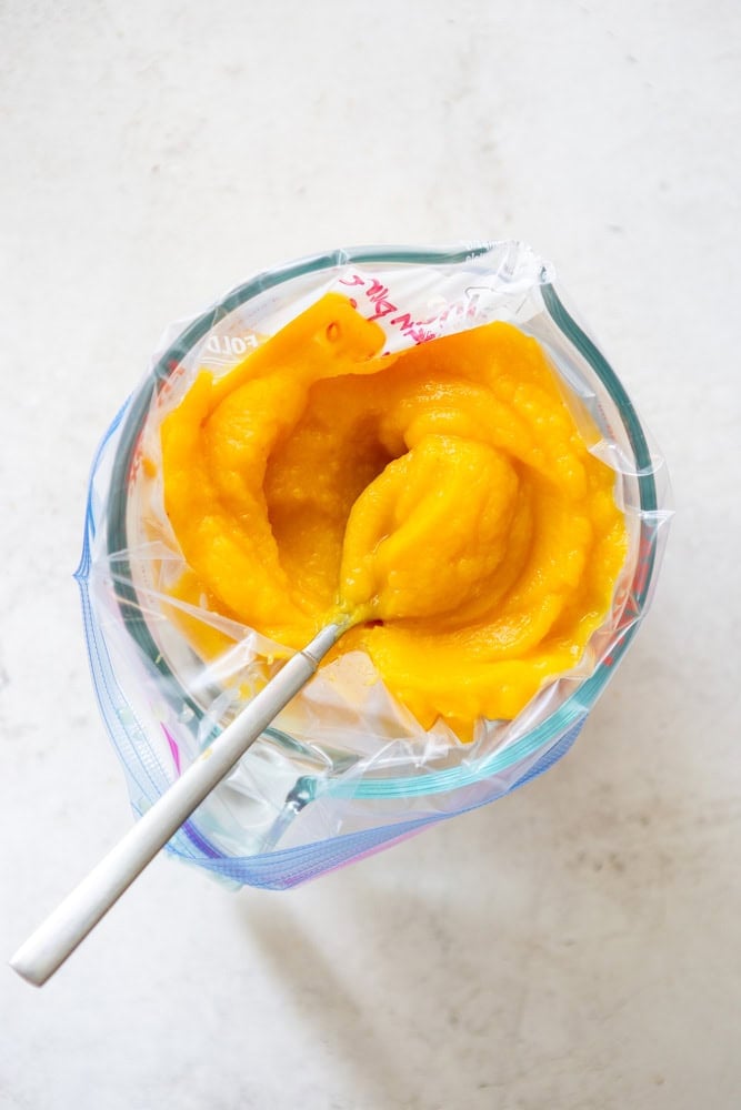 Pumpkin puree in a ziplock bag.