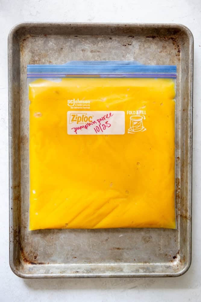 Pumpkin puree in a ziplock back for freezing