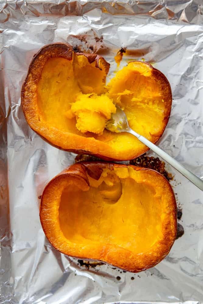A pie pumpkin cut in half and roasted