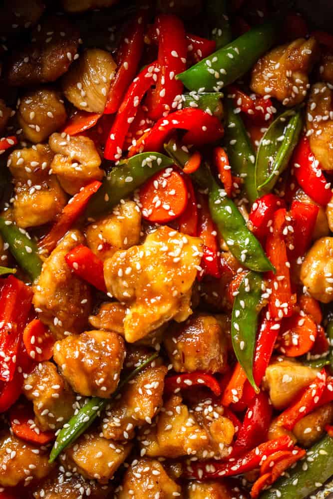 Chicken and vegetable stir fry in a honey garlic sauce.
