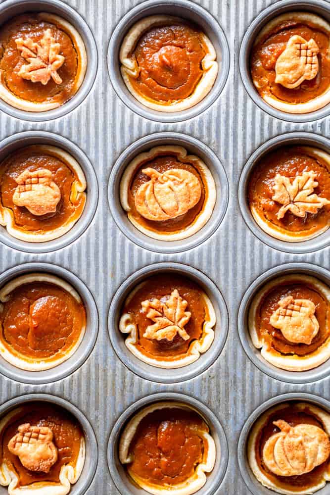 Mini Pumpkin Pies in a muffin tin.